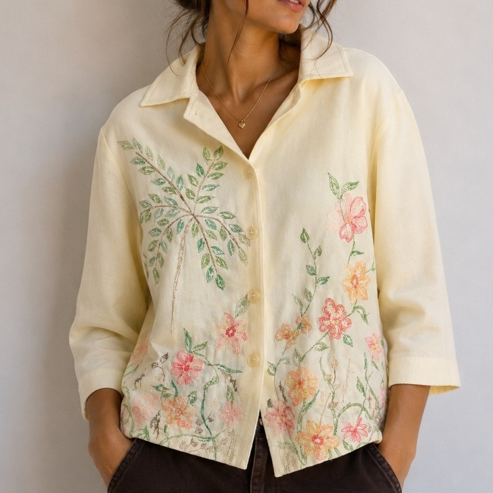 Vintage Embroidered Floral Jacket Womens L XL Cottagecore Garden Party Cardigan